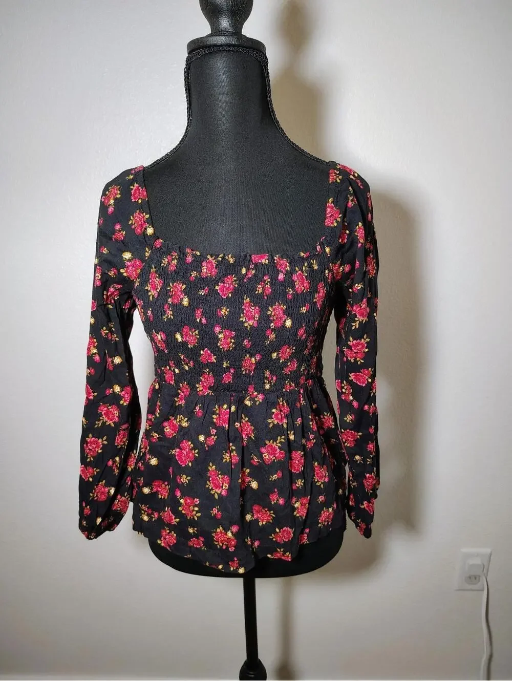 Floral Long Sleve Boho Cottage Core Fairy Black Red Scrunch Stretch Sz Girls L